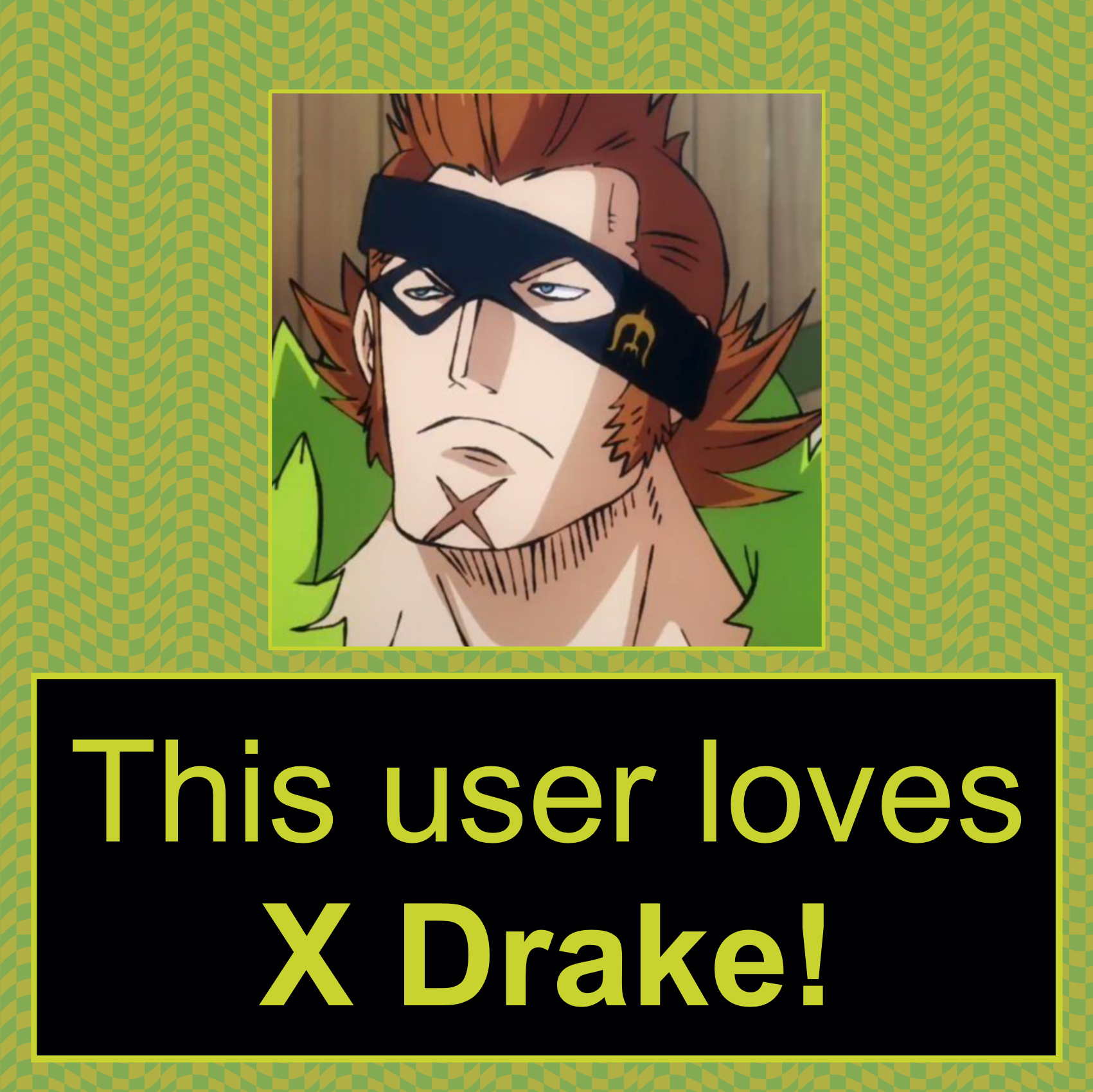 Image with a picture of X Drake from One Piece with the text 'This user loves X Drake!'